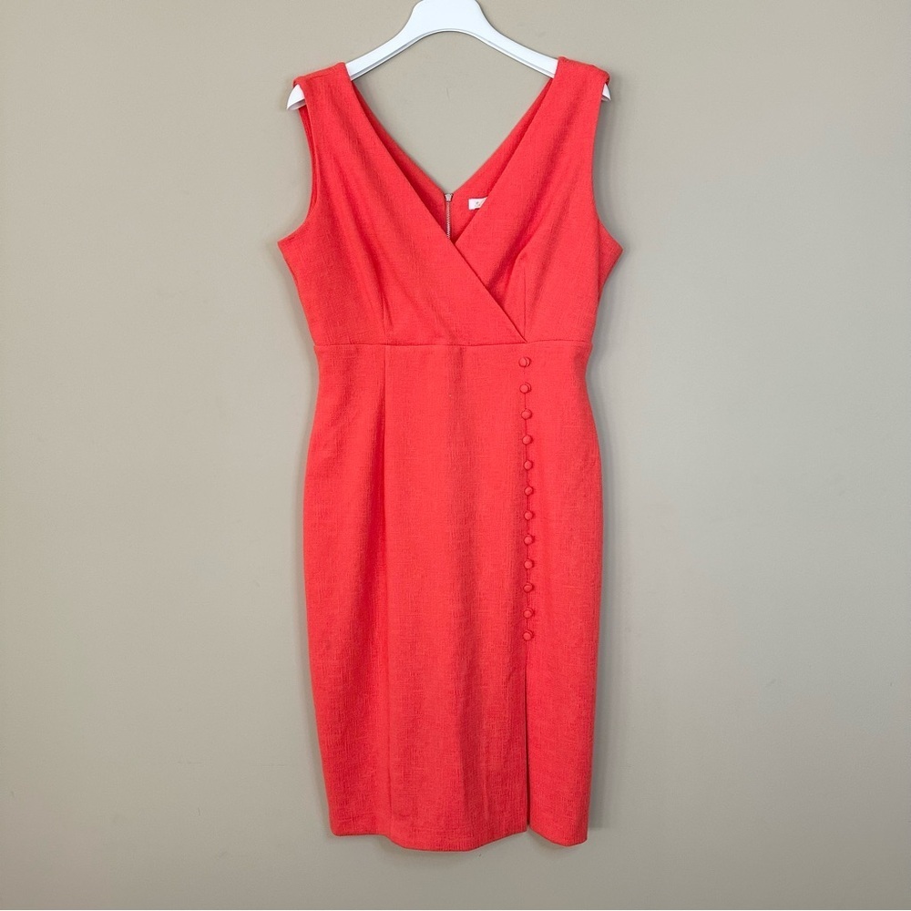 Bleecker 126 Women’s 14 Dress Coral Orange Midi Sleeveless V Neck Career Buttons